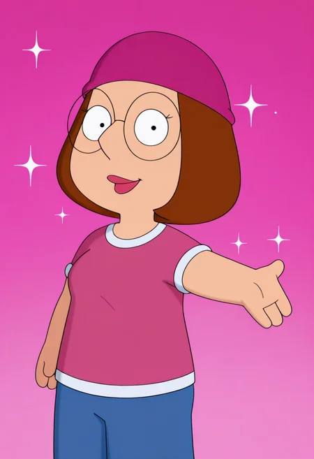masterpiece, best quality, amazing quality, m3ggf, 1girl, brown hair, glasses, pink beanie, pink t-shirt, blue pants, outstretched arm, smile, looking at viewer, cowboy shot, pink background, (colorful sparkles background, light rays:0.7),