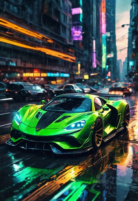 epic digital picture of a sportscar driving on n a road in a futuristic city surrounded by city lights , intricate vinyls ,the car got underground neon lights in green, highly detailed, at night, rainy, masterpiece, dramatic cinematic lighting, unforgettable, very intricate, BadDream, SoraSleepAI, Circle, Jed-Splash