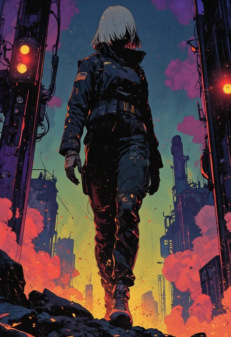 A full-body dynamic shot captures the instant she lands, her sleek platinum-blonde French bob slicing through the air as a shockwave ripples outward. The cyberpunk battleground shudders—deep violet metal rods quake and rattle, disturbed by the sheer force of her arrival. Smoke and ember-like neon gold sparks swirl around her silhouette, casting jagged shadows against the rigid metallic pillars that frame her like a warrior stepping onto a stage.  
She stands, poised and unshaken, clad in a dark navy urban military-style outfit, every layer of technical fabric shifting subtly under the flickering glow of neon cyan and warm amber lights. A stitched fabric label reading *"Vans"* peeks from her sleeve—an ironic mark of precision in the chaos. Soft, pale gray gloves contrast against the depth of her ensemble, her fingers curling slightly, ready for action.  
The shot, taken from a low angle with an f/5.6 aperture, sharpens the focus on her stance—powerful yet calculated. The air crackles with energy as the metal rods settle, the rhythmic hum of the city beneath her feet amplifying the weight of her arrival. The gradient midnight-blue backdrop fuses seamlessly with her form, while her presence alone warps the studio lighting, casting deep, dramatic shadows that mark her as an unstoppable force in this cybernetic battlefield.