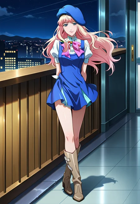 rooftops, cityscape, night,
BREAK,
light smile, looking at viewer, hands behind back,
full body,
BREAK,
<lora:sherylX_illustriousXL_v01:0.99>
sheryl nome, sherylcasb, blonde hair, blue beret, gradient hair, blue eyes, single earring,
juliet sleeves, white sleeves, blue vest, blue skirt, high collar, short sleeves, asymmetrical dress, pink ribbon, white gloves, bangle,
brown boots, knee boots, source_anime, very aesthetic, anime coloring, masterpiece,
best quality, amazing quality, ultra detailed, very aesthetic,
detailed background,
BREAK,