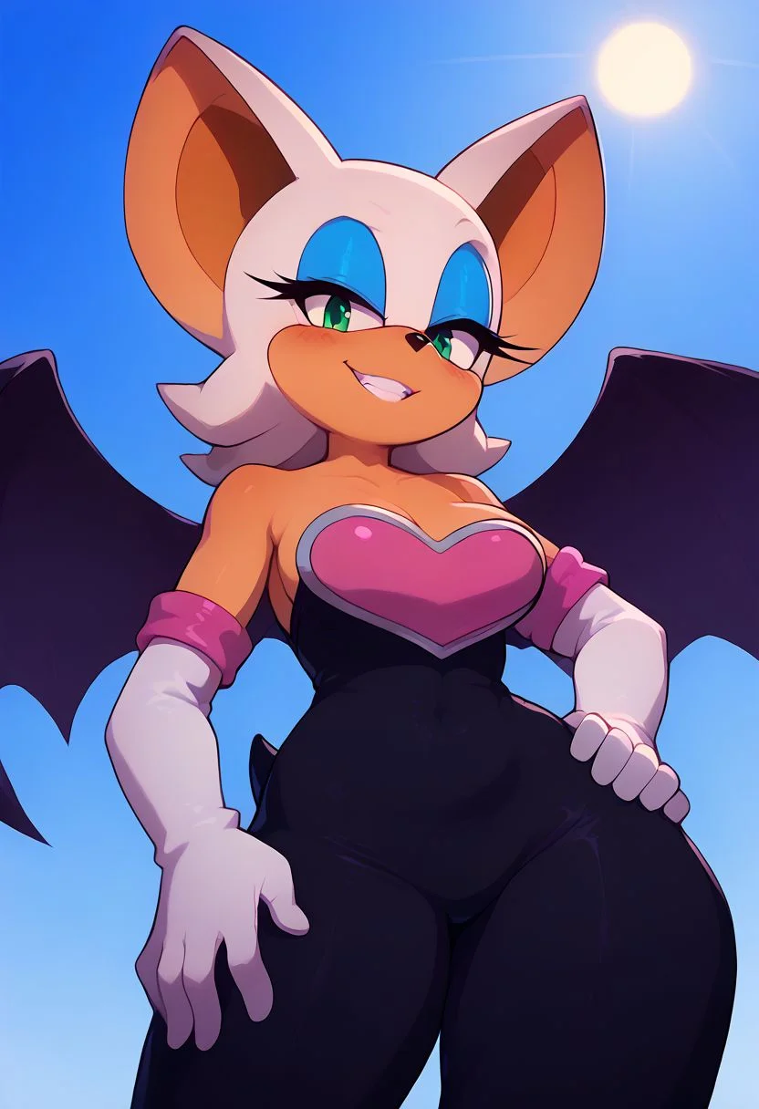 score_9, score_8_up, score_7_up, pretty girl, vivid bright colors, highly sexual poses, pinup art, solo,
rouge, animal ears, bat ears, bat girl, bat tail, bat wings, eyeliner, furry, furry female, green eyes, makeup, tail, white hair, wings, eyeshadow, bare shoulders, elbow gloves, gloves, heart, white gloves, black body suit,
solo, smile, looking at viewer, hand on hip, upper body, blush, from below,