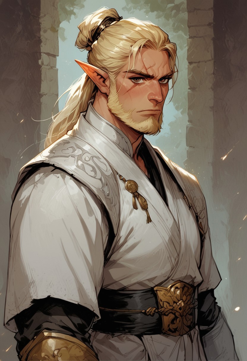 score_9, score_8_up, score_7_up, BREAK, 1men portrait, dramatic lights ((Elf, Monk, Fighter, Warrior, Brown Eyes, blonde hair, facial hair, long beard, white robe, white lether armor, lether armor, armor, 40 years old man, scars, muscular, athletic, wide shoulders))
<lora:Fant5yP0ny:0.6> <lora:fantasy_world_pony:0.9>
<lora:Cherry-Gig:0.55>