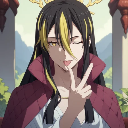 <lora:SlimesAlbis:1>, score_9, score_8_up, score_7_up, slimes_albis, hair between eyes, portrait, black hair yellow highlights, finger gun pointed at head, tongue out, winking, mythical village background