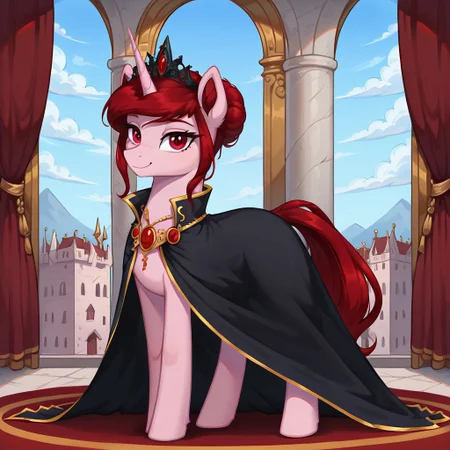 masterpiece, score_9, score_8_up, score_7_up, (best quality:1.1), ultra-detailed, high resolution, 1character, solo, Rosa Maledicta, (Queen of Blood), pony, unicorn, feral, female, mare, (((beautiful detailed red eyes))), long eyelashes, eyebrows, fluffy pony ears, horn, tail, pale pink skin, closed mouth, looking at viewer, smile, dark red mane, hair bun, black cloak, black tiara, jewelry indoors, castle interior, dark, sharp focus, shadow, anatomically correct, extremely detailed, high detail, full body, expressiveh