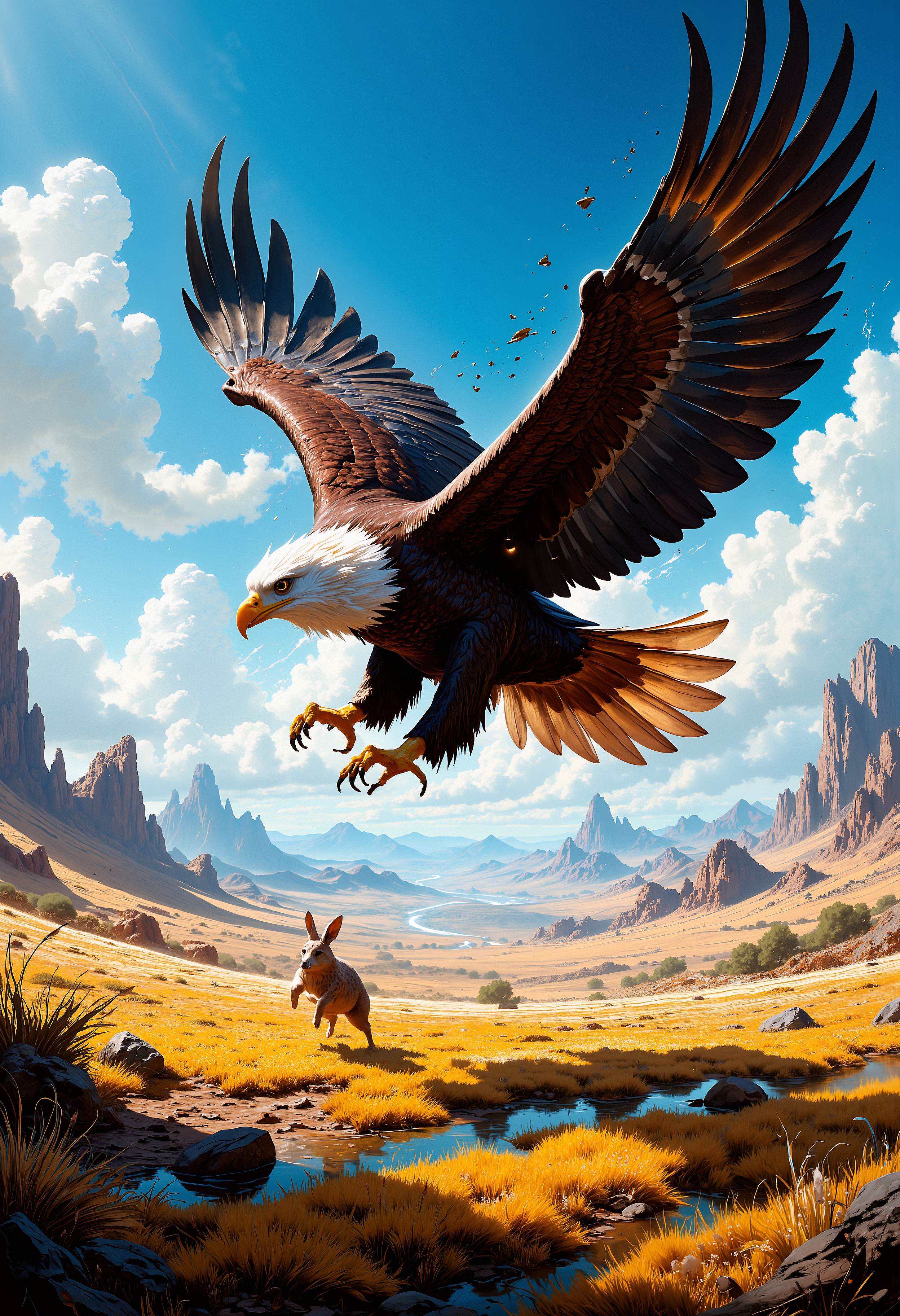 A detailed aerial view of a majestic eagle in mid-flight, with its wings fully extended, casting a large shadow on the ground below. Below the eagle, a small hare runs frantically, zig-zagging across a grassy plain. The sunlight casts long shadows, and the sense of speed and urgency is heightened by the movement of the eagleâs wings and the hare's desperate sprints. The sky is bright blue, with sparse white clouds, creating a vivid contrast between the eagle, the hare, and the vast open landscape.     <lora:FluxMythP0rtr4itStyle:0.8> MythP0rt, <lora:aidmaImageUpgrader-FLUX-V0.1:0.33> detailmaximizer, <lora:flux_vividizer:0.33> <lora:artilands:0.77>