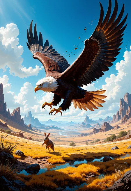 A detailed aerial view of a majestic eagle in mid-flight, with its wings fully extended, casting a large shadow on the ground below. Below the eagle, a small hare runs frantically, zig-zagging across a grassy plain. The sunlight casts long shadows, and the sense of speed and urgency is heightened by the movement of the eagleâs wings and the hare's desperate sprints. The sky is bright blue, with sparse white clouds, creating a vivid contrast between the eagle, the hare, and the vast open landscape. <lora:FluxMythP0rtr4itStyle:0.8> MythP0rt, <lora:aidmaImageUpgrader-FLUX-V0.1:0.33> detailmaximizer, <lora:flux_vividizer:0.33> <lora:artilands:0.77>