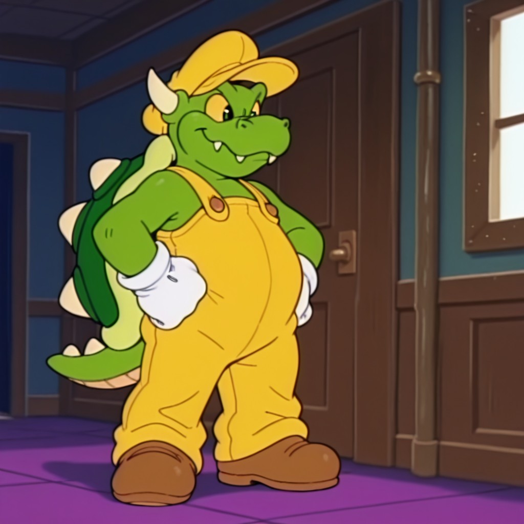 masterpiece, best quality, amazing quality, KoopaASMB3, semi-anthro, male, turtle, green skin, horns, yellow sclera, black eyes, spiked shell, yellow hat, yellow overalls, brown shoes, white gloves, inside, standing, hands on hips, <lora:157351a8-a7ff-4af3-b3c2-5c67a0aed7ad:1.0>