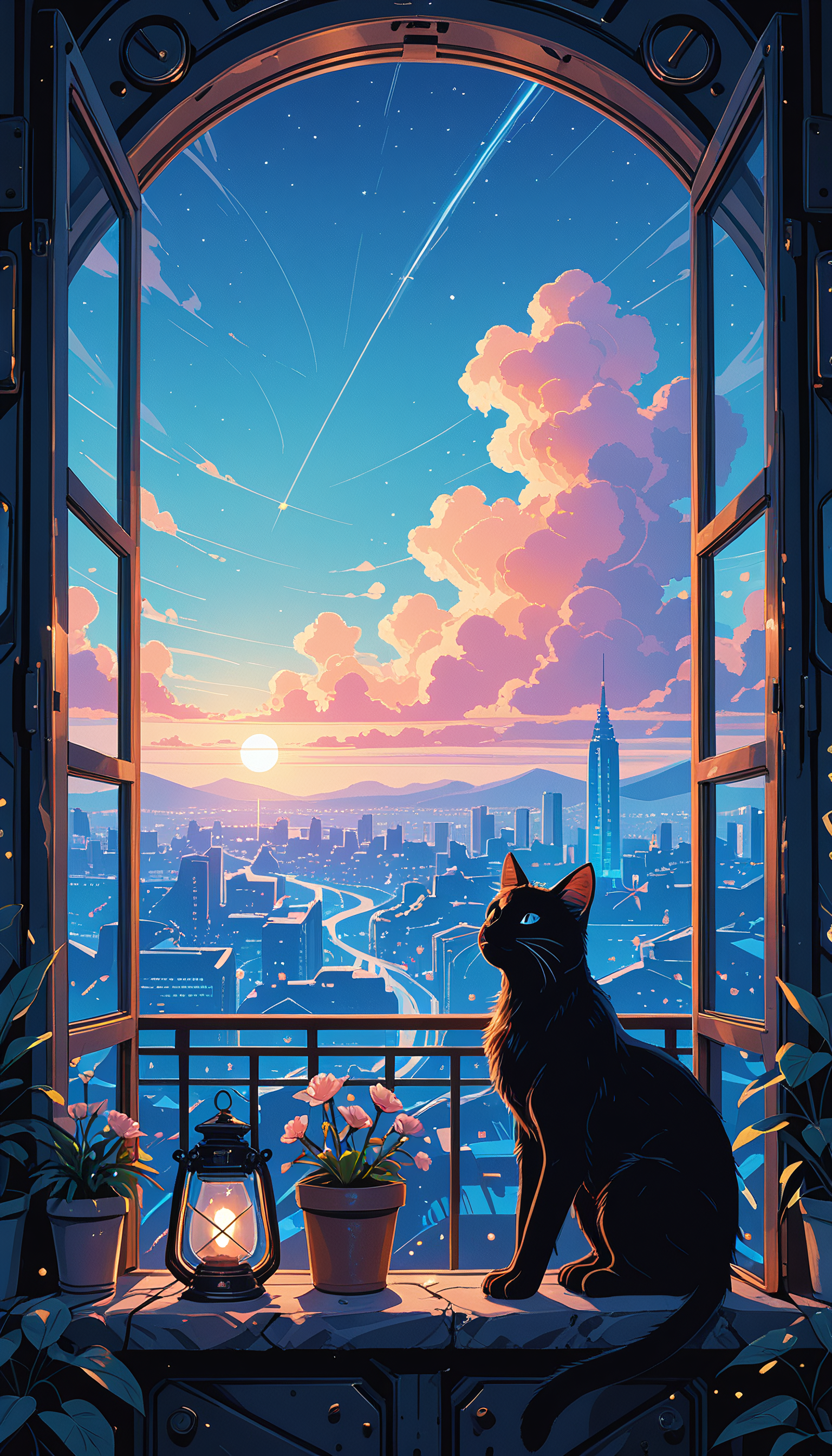 masterpiece, Shinkaistyle,
pinkretroanime, retro art,
Cyberpunk Style, cyberpunk, science fiction, hi tech, future tech, neon, (Cybernetics:1.25), (Neon Cityscape:1.4), (lineless:1.5), smooth edges, (lighten the face:1.5), tall body, slender body, fit body, long legs, In the tranquil embrace of nightfall, a black cat perches on a windowsill, its gaze fixed on the celestial canvas overhead. The window frame is painted in stark white, creating a striking contrast against the indigo backdrop of the sky. Orion's Belt and other stars twinkle like distant fireflies, casting an ethereal glow across the scene. Inside the window, a small potted plant stands near a window frame, adding a touch of green to the otherwise monochrome setting. The cat's eyes, glowing with the soft light from the stars, reflect a sense of curiosity and wonder about the night sky. Its fur is as dark as the night itself, blending seamlessly with the shadows cast by the moon. The image captures this moment from a low angle looking up at the cat, emphasizing its contemplative stance. The character is positioned centrally in the frame, drawing immediate attention due to its color contrast and central positioning. There's a sense of calm solitude in the scene, as if the cat is lost in thought under the starlit sky. The overall atmosphere is one of peacefulness, with the quiet street outside framed by the open window. It's a snapshot of a serene night where man's best friend enjoys a peaceful gaze into the endless expanse of the universe., solo, sitting, outdoors, sky, cloud, indoors, from behind, star \(symbol\), from side, blue sky, no humans, window, night, shadow, animal, chair, cat, cloudy sky, plant, building, star \(sky\), night sky, scenery, starry sky, sunset, city, door, railing, potted plant, cityscape, black cat, house, animal focus, twilight, evening, whiskers, rooftop, contrail, gradient sky, shooting star, flower pot, dusk, balcony, open window, looking outside, windowsill