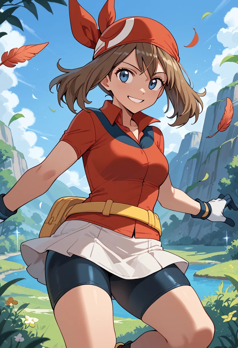 Jumping, pretending to catch a floating feather, smile, <lora:MayRSEPony:1> May_RS, medium hair, brown hair, blue eyes, red bandana, collared shirt, red shirt, short sleeves, white gloves, fanny pack, yellow belt, white skirt, bike shorts under skirt, bike shorts, red footwear,, score_9, score_8_up, score_7_up, score_6_up, score_5_up, score_4_up,