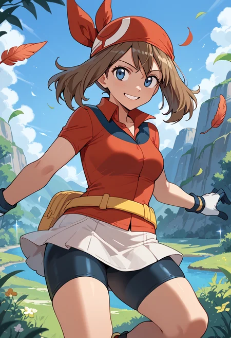 Jumping, pretending to catch a floating feather, smile, <lora:MayRSEPony:1> May_RS, medium hair, brown hair, blue eyes, red bandana, collared shirt, red shirt, short sleeves, white gloves, fanny pack, yellow belt, white skirt, bike shorts under skirt, bike shorts, red footwear,, score_9, score_8_up, score_7_up, score_6_up, score_5_up, score_4_up,
