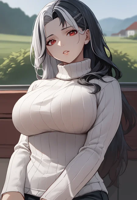 score_9, score_8_up, score_7_up, source_anime BREAK 1girl, solo, <lora:rosanna-nikke-richy-v1_pdxl:1> rsnnrnd, red eyes, white hair, black hair, two-tone hair, multicolored hair, long hair, large breasts, turtleneck sweater, white sweater, ribbed sweater, parted lips,