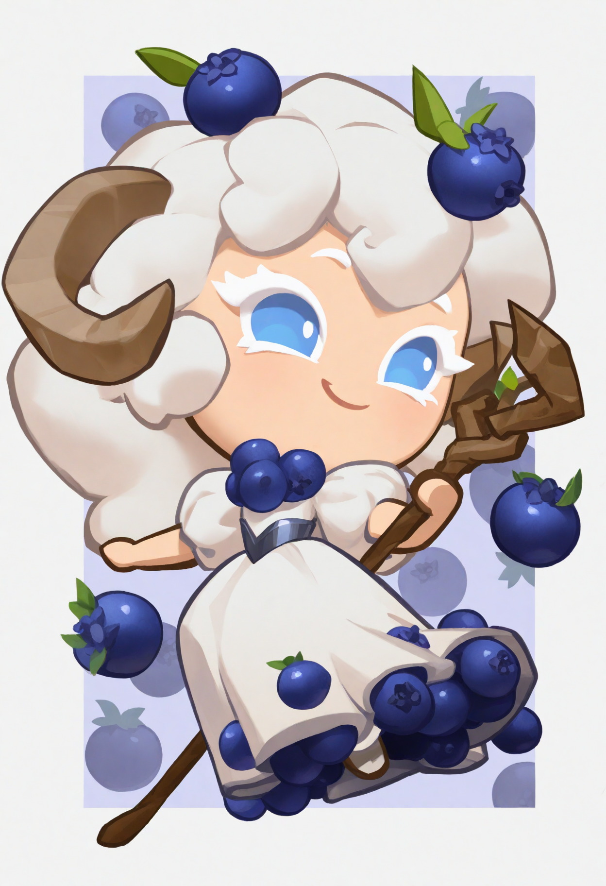 masterpiece,best quality,amazing quality,
crk1styl111,<lora:lycoris:1>,(chibi:1.4),colored eyelashes,white eyelashes,dynamic pose,solo,full body,(blueberries background:1.2),
girl,smile,blueberries print,(blueberries girl:1.1),long hair,blue eyes,border,long dress,puffy sleeves,sheep horns,holding staff,