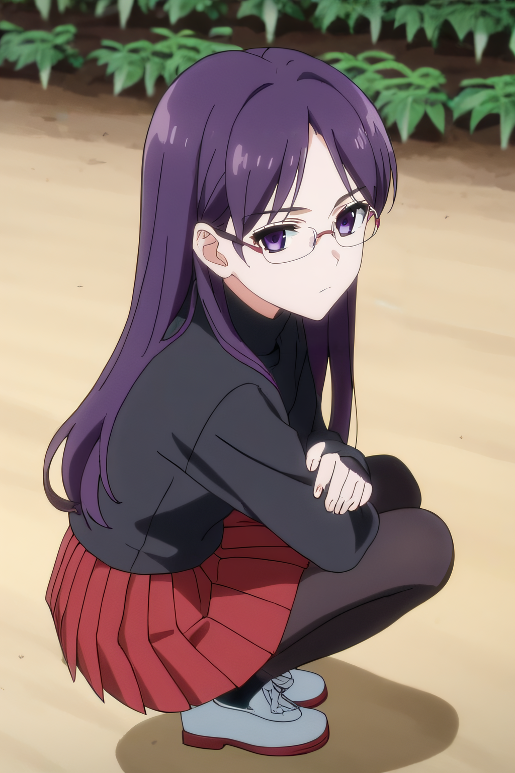 score_9, score_8_up, score_7_up, source_anime, rating_safe, intricate details, anime screencap, official style, 1girl, <lora:Claes:1>, claes, purple hair, purple eyes, long hair, glasses, black sweater, turtleneck, red skirt, pleated skirt, short skirt, black pantyhose, white shoes, expressionless, full body, outdoor, squatting, side view, vegetables, plants, from above, dirt, five fingers, looking at viewer