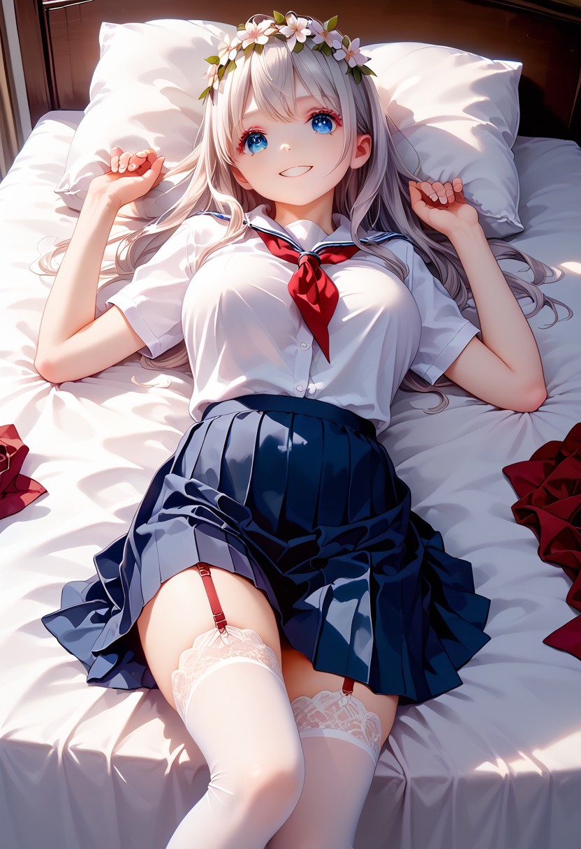 score_9, score_8_up, score_7_up, 1girl, okada style, masterpiece, best quality, ultra high res, smiling, happy, (detailed eyes:1.2), 8K, Best Quality, Masterpiece, Ultra High Resolution, (Realism: 1.4), Original Photo, (Realistic Skin Texture: 1.3), (Film Grain: 1.3), Sapphire Color Eyes and Beautiful Face Details, Highest Quality Picture Quality, white hair, blue eyes, (white eyeshadow), (white eyelashes) ,set in a fantasy world with sparkling stars, fantasy flower crown on her head, school uniform,messy, indoors, clutter, very aesthetic, scenery, (mature woman:1.1), (big breasts:1.1), (red sexy one-piece lingerie), (lace), (white stockings), (garter), (red garter strap), bedroom, bed, view from above, lying on back,