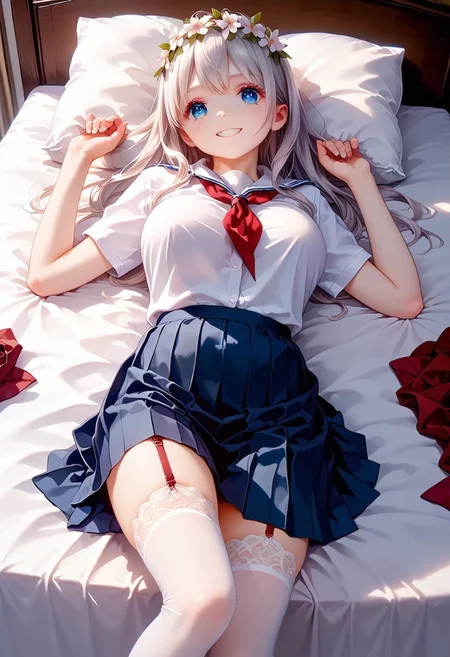 score_9, score_8_up, score_7_up, 1girl, okada style, masterpiece, best quality, ultra high res, smiling, happy, (detailed eyes:1.2), 8K, Best Quality, Masterpiece, Ultra High Resolution, (Realism: 1.4), Original Photo, (Realistic Skin Texture: 1.3), (Film Grain: 1.3), Sapphire Color Eyes and Beautiful Face Details, Highest Quality Picture Quality, white hair, blue eyes, (white eyeshadow), (white eyelashes) ,set in a fantasy world with sparkling stars, fantasy flower crown on her head, school uniform,messy, indoors, clutter, very aesthetic, scenery, (mature woman:1.1), (big breasts:1.1), (red sexy one-piece lingerie), (lace), (white stockings), (garter), (red garter strap), bedroom, bed, view from above, lying on back,