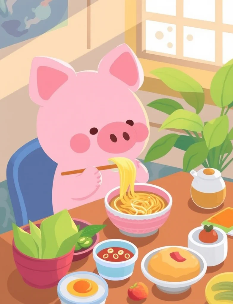 in this cartoon style illustratiion, a chibi and soft and pink piggy is sitting by a table full of food and tablewares eating noodles, the background is indoor scene, possibly a mini kitchen, there is a window, some sunlights in, and some plants outside. This picture is drawn with vibrant and pestal colors which forming a healing atomosphere