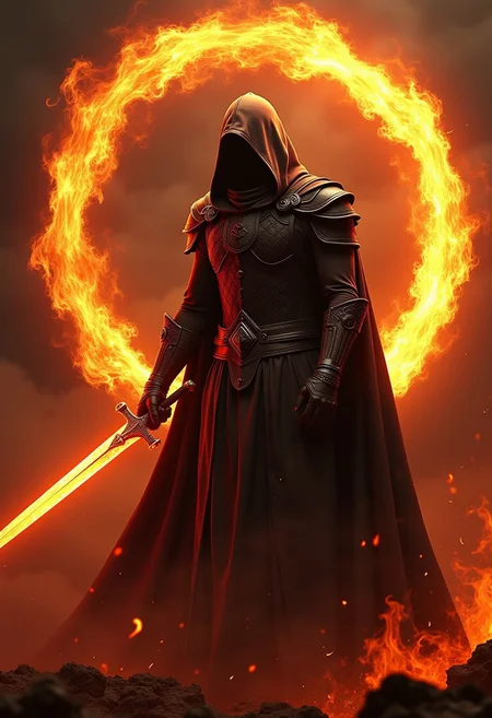 Faceless entity wearing cloak,fire spiral around him,holding sword of flame,a masterpiece,8k resolution concept,dark armor,movie poster written THE FLAME OF FATE