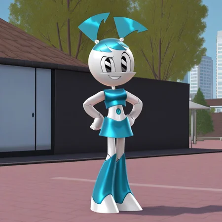 score_10, score_9_up, score_8_up, score_7_up, score_6_up, nasbjenny, jenny wakeman, 1girl, solo, 3d, render, metallic, white skin, robot, robot joints, twintails, blue hair, black eyes, blue tank top, blue navel, blue skirt, blue knee high boots, outdoors, trees, buildings, hands on hips, smirk, open mouth, looking at viewer, full body, cowboy shot, 