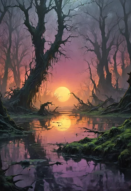 An alien swamp characterized by a surreal palette of sickly greens and deep purples. The murky waters bubble with iridescent, toxic-looking substances that emit a faint glow. Gnarled trees with twisted branches rise from the swamp, their bark a mottled blend of black and neon yellow. Strange, floating orbs of light hover above the water, casting eerie shadows. The sky is a swirling mass of dark gray and sickly orange, creating an unsettling atmosphere filled with an otherworldly fog.
style of greg rutkowski,janek sedlar,jenny saville:0]  <lora:vivid_everclear:0.35>  <lora:Sinozick:0.35>  <lora:MJ52:0.35>
