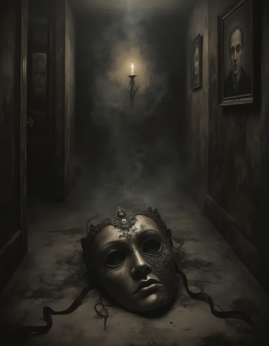 vicgoth, <lora:victoriangothic_v40_rank64_bf16-step00720:0.8>, A shadowy corridor illuminated by a single flickering candle, where a weathered, ornate lace mask rests on the ground, partially hidden beneath creeping shadows. The walls are lined with faded portraits whose eyes seem to follow, creating an unsettling sense of surveillance. Wisps of fog curl through the air, thickening the atmosphere with a sense of foreboding and mystery. The color palette features grays and deep blacks, accentuated by the