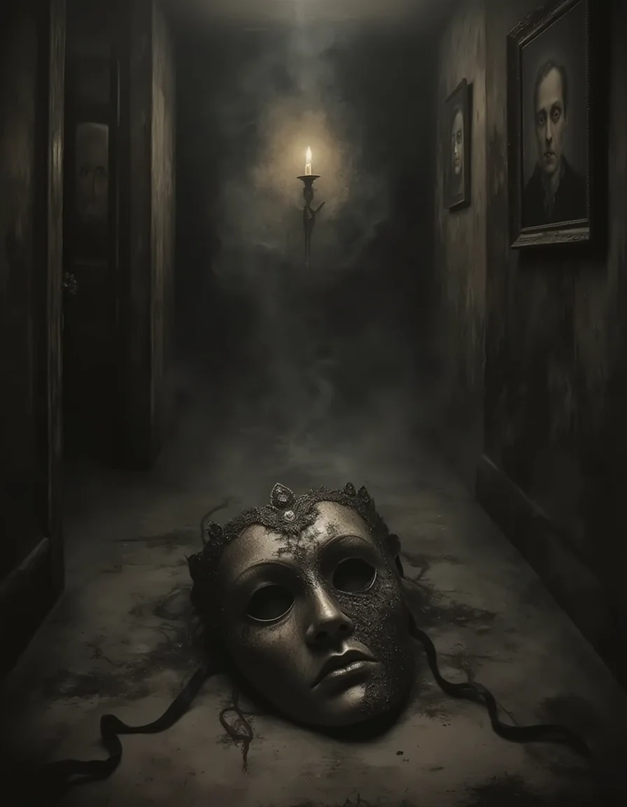 vicgoth, <lora:victoriangothic_v40_rank64_bf16-step00720:0.8>, A shadowy corridor illuminated by a single flickering candle, where a weathered, ornate lace mask rests on the ground, partially hidden beneath creeping shadows. The walls are lined with faded portraits whose eyes seem to follow, creating an unsettling sense of surveillance. Wisps of fog curl through the air, thickening the atmosphere with a sense of foreboding and mystery. The color palette features grays and deep blacks, accentuated by the