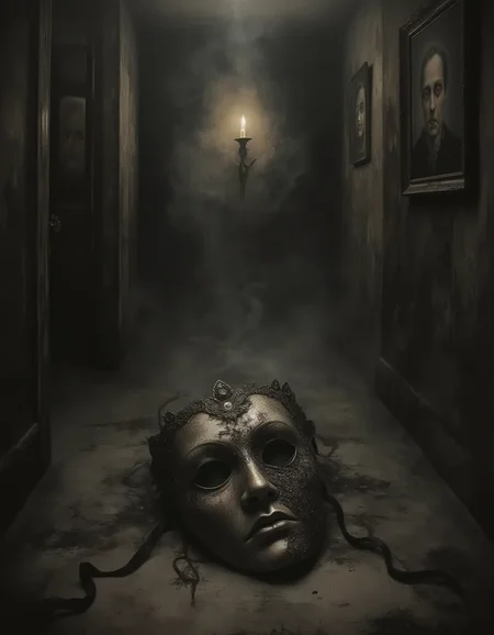 vicgoth, <lora:victoriangothic_v40_rank64_bf16-step00720:0.8>, A shadowy corridor illuminated by a single flickering candle, where a weathered, ornate lace mask rests on the ground, partially hidden beneath creeping shadows. The walls are lined with faded portraits whose eyes seem to follow, creating an unsettling sense of surveillance. Wisps of fog curl through the air, thickening the atmosphere with a sense of foreboding and mystery. The color palette features grays and deep blacks, accentuated by the