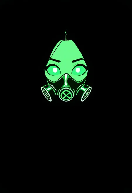 high contrast, looking at viewer, 
1girl, short black hair, black gas mask, valorant uniform, glowing green neon tubes, poison, neon, blend_in, black background,