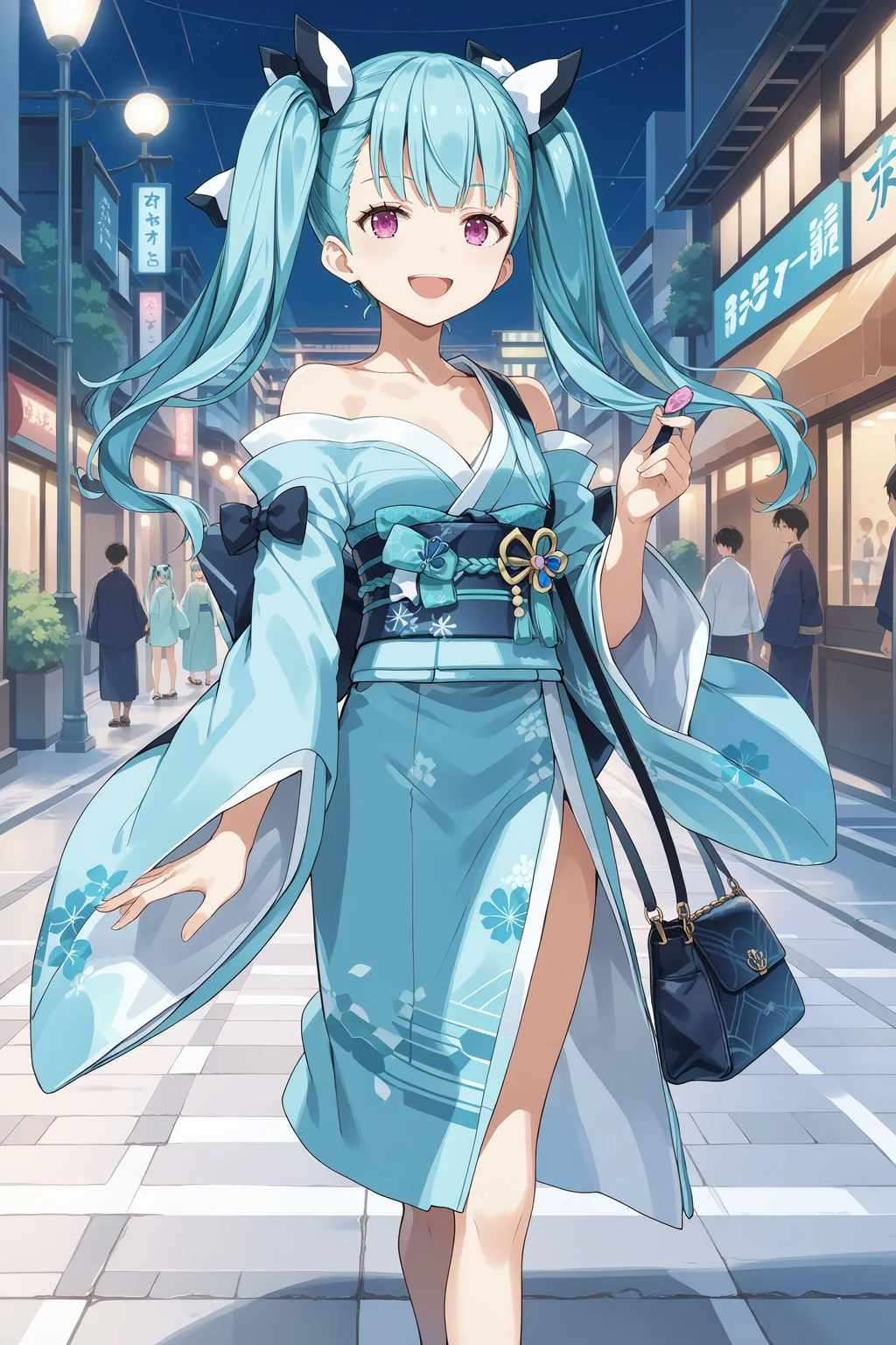 score_max, (score_9, score_8_up, score_7_up:1.0), score_6_up, official art, illustration, source_anime,
, masterpiece, absurdres, high detail, 8k,
night, kyoto, street, stone road,
walking, handbag, kinchaku, smile, open mouth,
ddphibachi, twintails, quad tails, hair bow, japanese clothes, aqua kimono, collarbone, bare shoulders, obi, wide sleeves,
<lora:XL_Pony_gomaotsu-hibachi-t3:1>