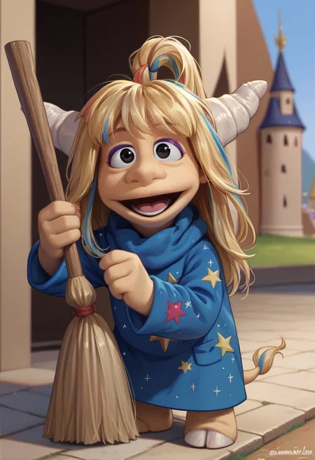 1girl, score_9, score_8_up, score_7_up BREAK Eureekaa, 1girl, blonde hair, multicolor hair streaks, ponytail, horns, black eyes, purple eyeshadow, long blue starry robe, standing, holding broom and sweeping the ground, outside of castle, looking up and smiling at viewer, full body, happy eyes, happy smile,