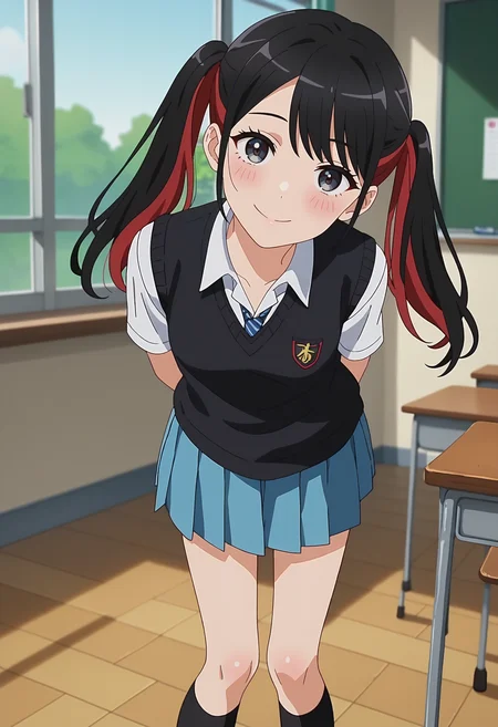 score_9, score_8_up, score_7_up, anime screencap, source_anime, 1girl, solo, 
<lora:Nowa_Dress_up_Darling_V2:.85>, KJOnowa, grey eyes, black hair, multicolored hair, twintails,
school uniform, blue pleated skirt, kneehighs, black sweater vest, collared shirt,
leaning forward, arms behind back, head tilt, smile, looking at viewer, blush,
School, classroom, window, sunny, tree,
(Beautiful, small Breasts:1.2),