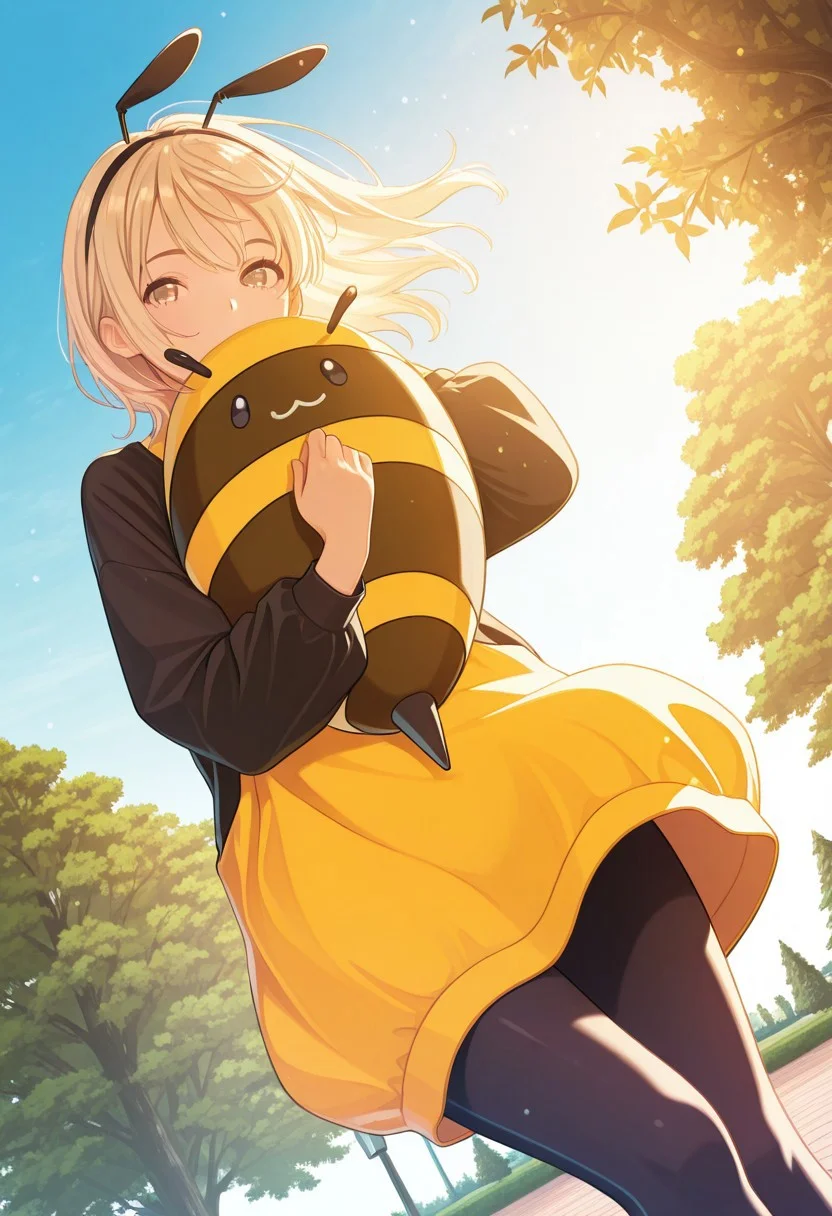 (establishing shot:1.2), 1girl, bee costume, hugging , from below, wind lift, park, tree, day, sky,looking at viewer, wind, masterpiece, best quality, ultra-detailed, best illustration, soft lighting, light particles, glow, shiny hair, detailed background, dynamic lighting, volumetric lighting, dynamic pose, dynamic angle,