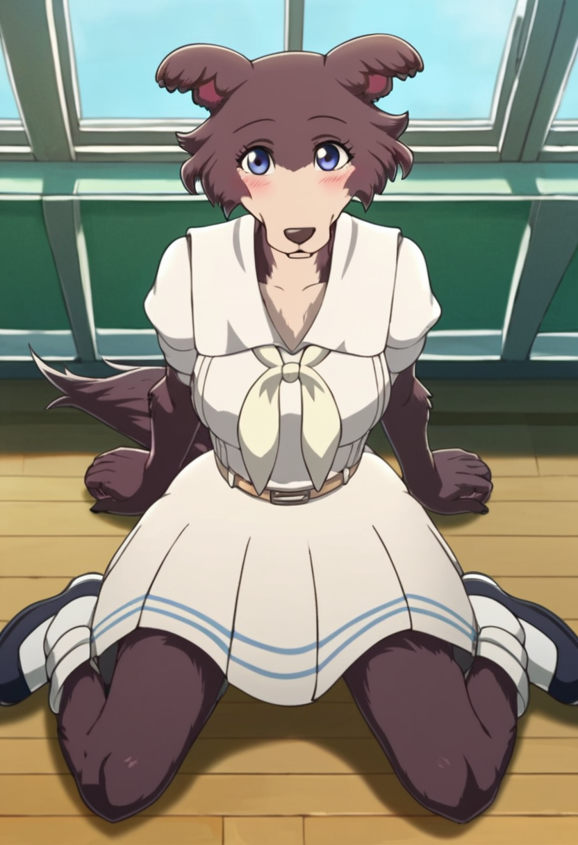 score_9, score_8_up, score_8, score_7_up, score_7, score_6, sidelighting, volumetric lighting, ray tracing, detailed lighting, subsurface scattering, (masterpiece, best quality), very aesthetic, source_furry,  solo, cute, blush, cute  pose, juno, wolf girl, brown-purple fur, blue eyes, wolf tail, school uniform, neckerchief, belt, long sleeves, short sleeves,  white socks, black shoes, <lora:JunoUpdated:1>, indoors,  (fullbody, sitting on the floor, legs apart, face focus, close, looking at viewer:1.2), school hallaway, day, window,  ultra-detailed, absurdres, depth of field, blurry background, cute smile, 1girl, (girly:1.2), (fullfigured ,voluptuous:1.4),  medium breasts, round breasts,  perky breasts,  detailed fur