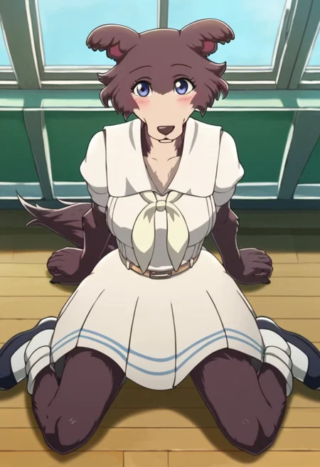 score_9, score_8_up, score_8, score_7_up, score_7, score_6, sidelighting, volumetric lighting, ray tracing, detailed lighting, subsurface scattering, (masterpiece, best quality), very aesthetic, source_furry,  solo, cute, blush, cute  pose, juno, wolf girl, brown-purple fur, blue eyes, wolf tail, school uniform, neckerchief, belt, long sleeves, short sleeves,  white socks, black shoes, <lora:JunoUpdated:1>, indoors,  (fullbody, sitting on the floor, legs apart, face focus, close, looking at viewer:1.2), school hallaway, day, window,  ultra-detailed, absurdres, depth of field, blurry background, cute smile, 1girl, (girly:1.2), (fullfigured ,voluptuous:1.4),  medium breasts, round breasts,  perky breasts,  detailed fur