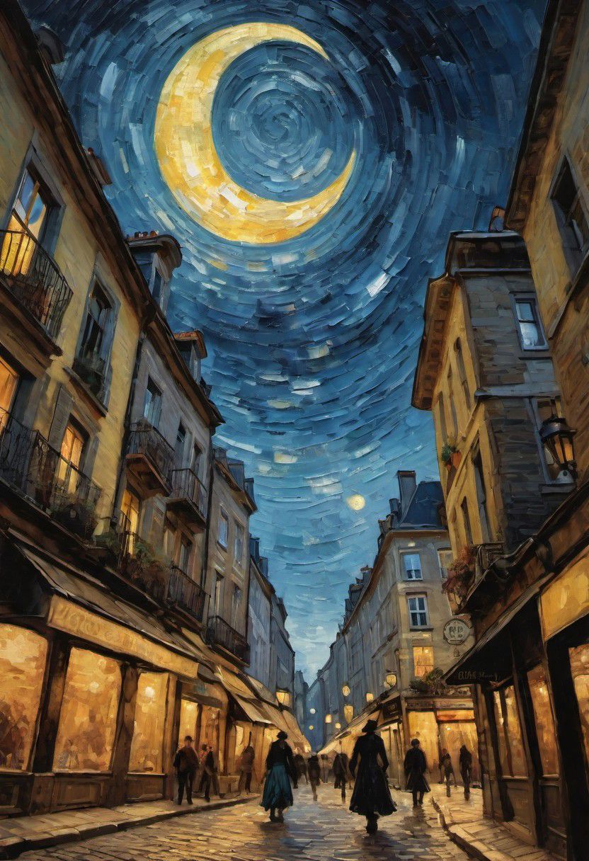 impressionist painting by Van Gogh, very rough painting with visible paint strokes, (dynamic_angle), view from below,
woman with flowing skirts flying between buildings, levitating, clothes like midnight full of stars, Night light, sharp shadows, moon lit, 
looking out over city, European city landscape, old winding roads, dystopian city, crowds of people, 
standing high above stret, illustration,