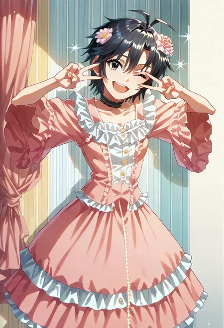 masterpiece,best quality,score_9,score_8_up,score_7_up,source_anime,<lora:KikuchiMakoto_pony_v1:1>,kkcmkt,black hair,antenna hair,hair between eyes,black eyes,very short hair,(happy,smile,open mouth,wink),(1hair flower,pink flower, too many frills,pink dress,frills,three quarter sleeves,choker with ribbon,middle skirt,skirt with frills),(cowboy shot),(double peace,bivgtsav, hands on own face),(fitting room),(sparkle background)