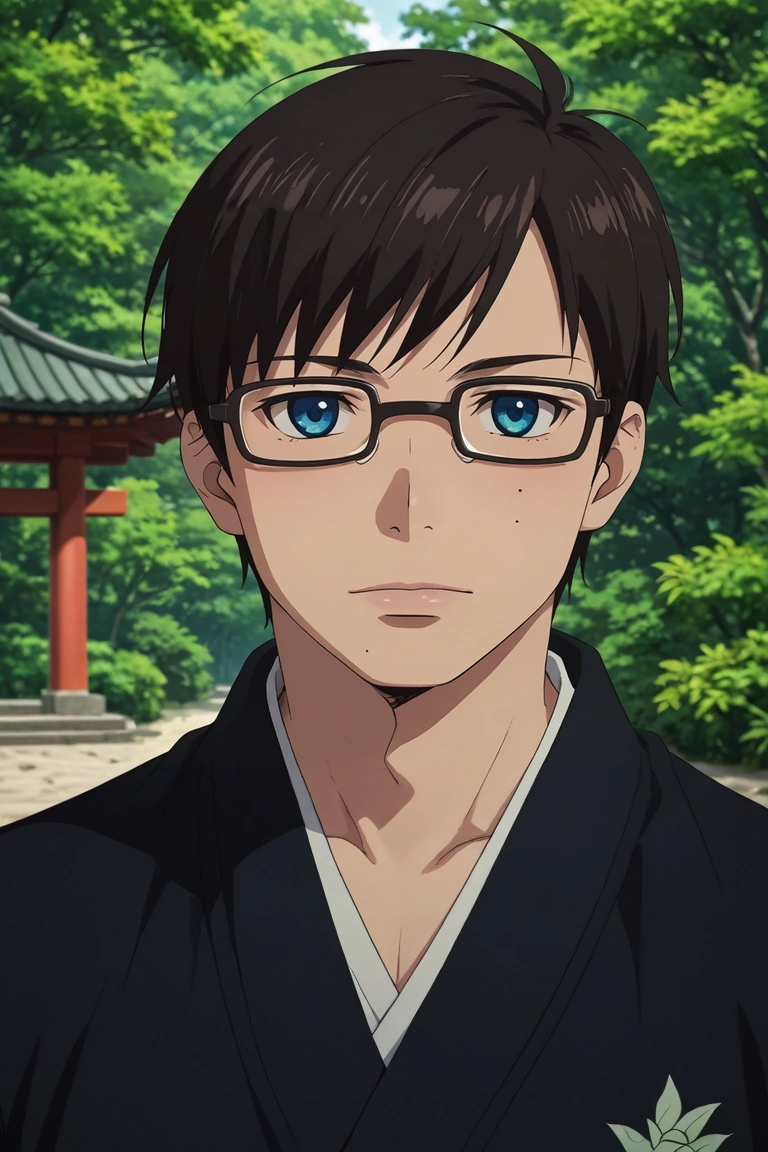 score_9, score_8_up, score_7_up, source_anime, rating_safe, intricate details, , looking at viewer, depth of field, 1boy, solo, male focus, <lora:yukio_okumura_pony:0.84>, yukio_okumura, black hair, blue eyes, mole, mole under eye, glasses, black-framed eyewear, forest shrine, tree altar, leaf offerings, prayer circles, worship pose, spiritual expression, dawn, , <lora:sdxl_lightning_8step_lora:1>