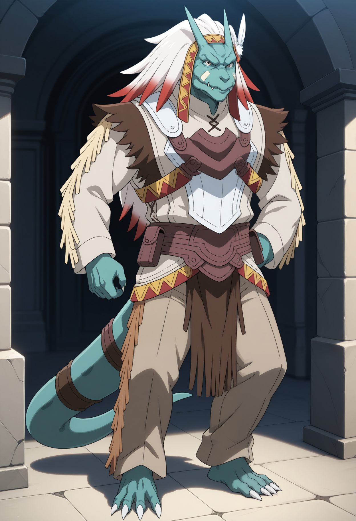 masterpiece,best quality,amazing quality, 1boy, solo, l1z4rd, lizardman, green skin, yellow eyes, bald, white face markings, tribal headdress, hanging white cloth, feather hair ornament, shoulder cape, tribal outfit, breastplate, strapped armor, fringe trim, loose pants, cloth belt, brown loincloth, brown straps, tail, full body,