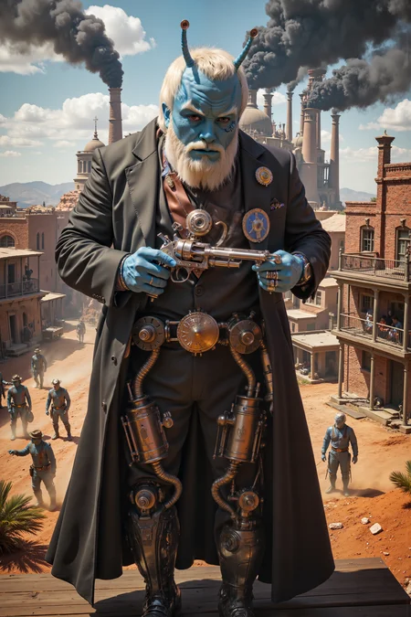 A hyper-realistic portrait, photorealistic photo close-up image of On the edge of a dusty canyon, a towering, steam-powered andorian sheriff with blue skin and a full, white beard and tired brown eyes stands on a wooden platform, his mechanical arm whirring as he adjusts the dials on his copper-plated badge. His Antennae casts a shadow over his piercing, golden eyes, and his long duster coat flutters in the breeze, revealing the gleaming brass pistons that run along his legs. Behind him, the sheriffâs office, a formidable structure of riveted steel and brick, looms with towering smokestacks belching thick black clouds into the air. Below, a group of captured outlaws, their hands bound with glowing, blue energy cuffs, sit nervously in a steam-powered cage wagon, awaiting transport to the distant prison town. The sheriffâs mechanical arm hisses as he holsters his oversized revolver, a massive weapon of copper and iron that glows faintly with blue light, the symbol of law and order in this harsh, steam-fueled frontier. Around him, clockwork deputies stand at attention, their gears clicking softly as they await orders. The hot desert wind carries the scent of oil and gunpowder, mingling with the dust that swirls around the canyon. The scene is one of steely resolve and quiet dominance, where the law is upheld by the cold precision of machines. (photography, high-resolution, dynamic, energetic,hyper-realistic, dramatic lighting, shallow depth of field.), detailmaximizer, MythP0rt<lora:midjourney_whisper_flux_lora_v01:0.55><lora:aidmaMJ6.1-FLUX-V0.1:0.4><lora:FluxMythP0rtr4itStyle:0.4><lora:detailed_flux_ntc:2.2><lora:aidmaImageUpgrader-FLUX-V0.1:0.65><lora:andorian_FLUX>