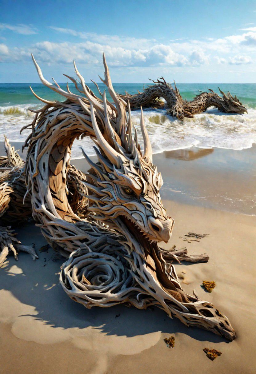 (drift wood washes up on the shore, all the tiny parts of drift wood form together to create a perfect  shape of a large dragon lying on the shore), abstract, 3d render, strong, insanely intricate details, (masterpiece), breathtaking natures art work
