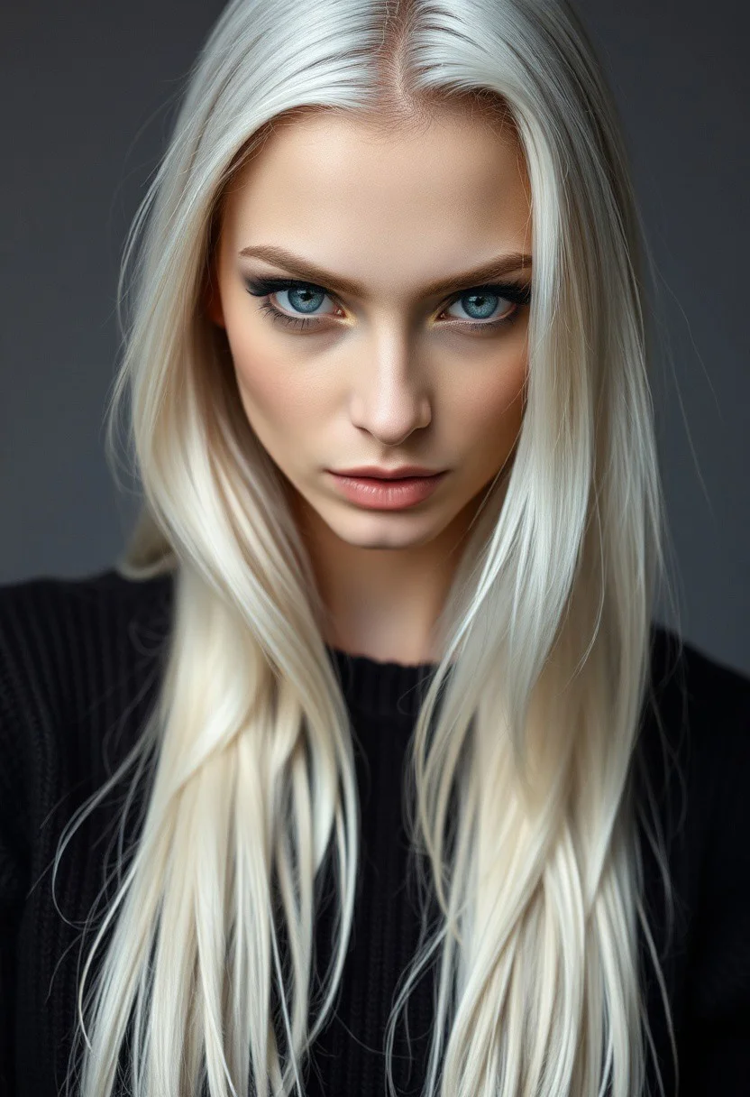 upper body portrait, one pale woman (supermodel) head lowered bt eyes looking at viewer, sultry expression, long white hair, piercing eyes, seductive, charming woman, charmful looking, captivating, minimalist, slender frame, detailed, wool jumper