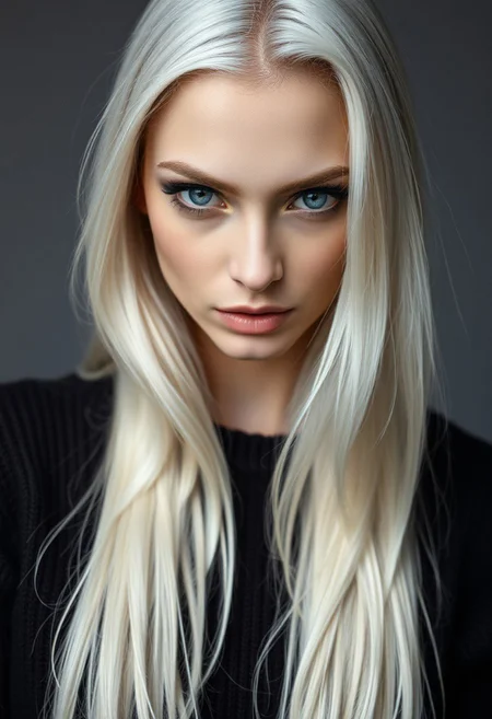 upper body portrait, one pale woman (supermodel) head lowered bt eyes looking at viewer, sultry expression, long white hair, piercing eyes, seductive, charming woman, charmful looking, captivating, minimalist, slender frame, detailed, wool jumper