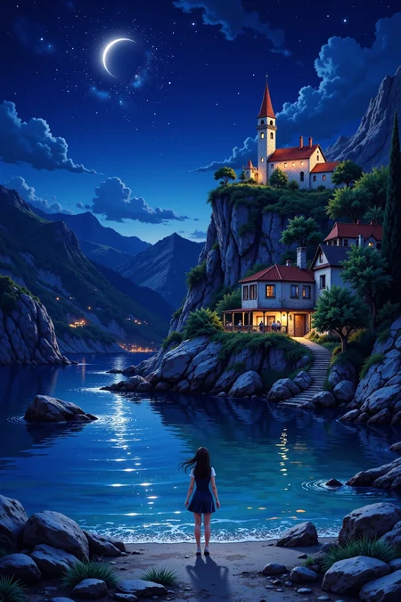 Croatian anime landscape, bright luminous night, woman, very intricate, very detailed, sharp, bright, colorful, <lora:Hand v2:0.5> <lora:Anti-Blur:1><lora:Insane Detail Slider:0.25>  <lora:flux.1_lora_flyway_Epic-detail_v2:0.3> <lora:fluxenhancer:0.25> <lora:ROWER:0.6> <lora:flux-charmer-v1-1:0.4>  <lora:Crazy_Horror:0.6> cr3z1h0rr0r