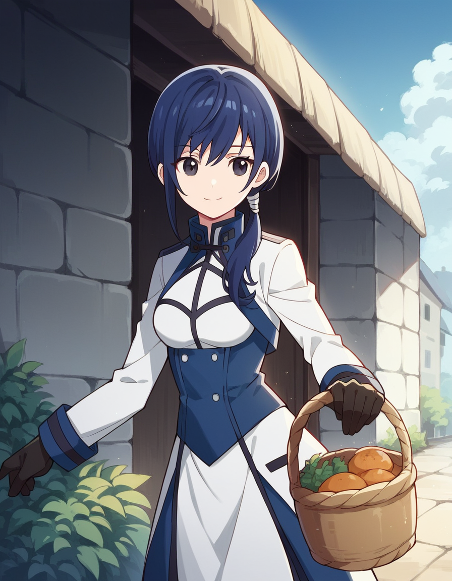 score_9, score_8_up, score_7_up, source_anime, <lora:grimgar-merry-s1-ponyxl-lora-nochekaiser:1>, merry, short hair, blue hair, black eyes, ponytail, low ponytail, side locks, medium breasts, gloves, pantyhose, uniform, long sleeves, white uniform, blue uniform,, farmers market, fresh produce, local vendors, baskets, sunny day, community, smile, , smile, solo,, cowboy shot, dutch angle