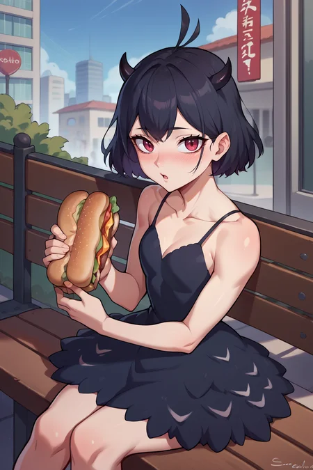 score_9, score_8_up, score_7_up, score_6_up, source_anime, BREAK 1girl, <lora:secre-pdxl-nvwls-v1-000006:1> secre, horns, black hair, bare shoulders, spaghetti straps, black dress, blush, chestnut mouth, holding sandwich, sitting, bench, city, looking at you, eating