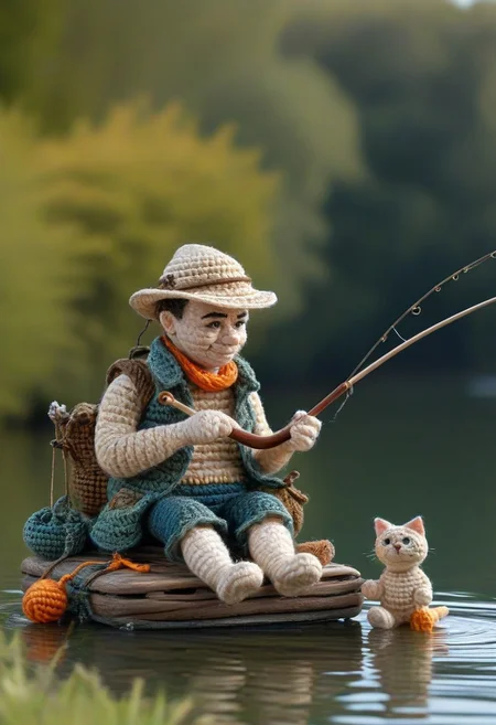 A man fishing with his cat, lake, sitting, by saint exupery, crocheted style