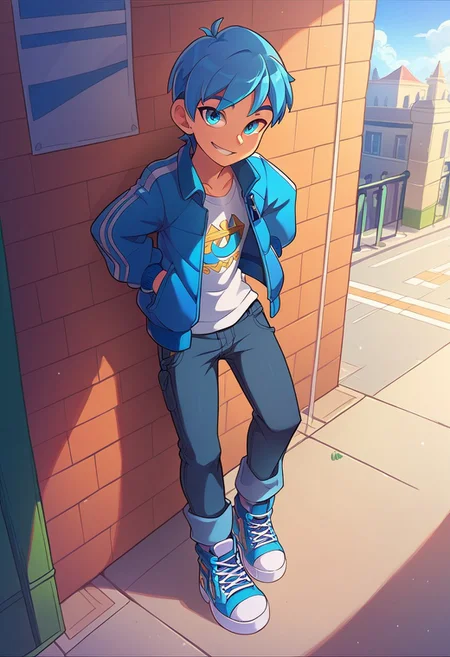 (((beautiful, high quality))), score_9, score_8_up, score_7_up, score_9, score_8_up, score_8, masterpiece, best quality, unrealistically high details, extremely high quality, ultra high detail, good anatomy, anime style, full body, park background BREAK cute, ((1boy, solo, blue hair, cyan eyes, smile, skinny boy, (((
blue racing driver's jacket, black jeans, blue sneakers, sultry look, looking at viewer))), dramatic angle, (ray tracing, good shadows, score_9, score_8_up, score_7_up),
