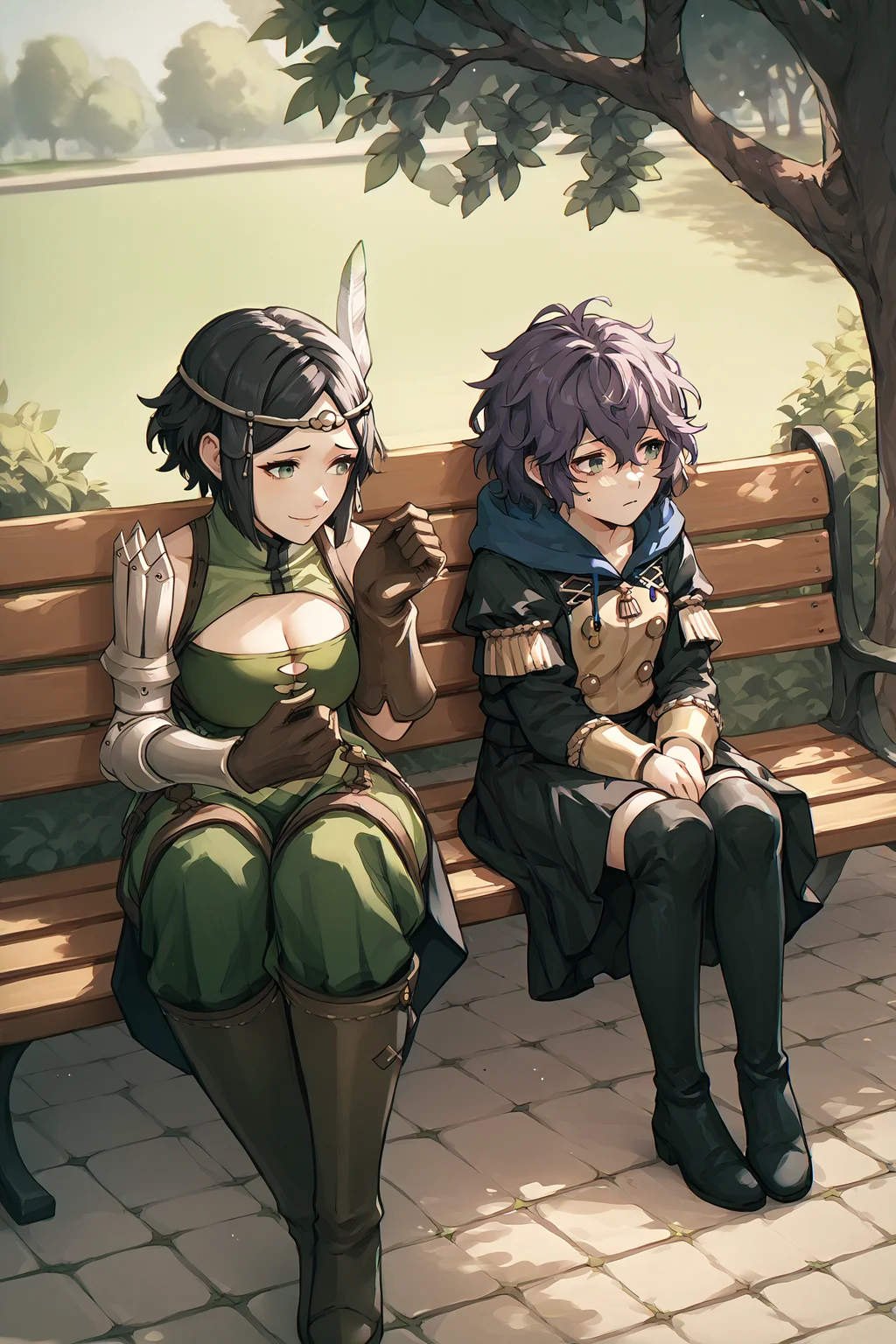 score_9, score_8_up, score_7_up, score_6_up, source_anime, two girls, looking at each other, sitting on a park bench, park BREAK 1girl, <lora:fenoire-pdxl-nvwls-v1-000005:1> feNoire, black hair, grey eyes, circlet, feather hair ornament, green tunic, cleavage cutout, shoulder armor, bare shoulder, single gauntlet, brown gloves, green pants, brown boots, big breasts, smile BREAK <lora:bernadetta-pdxl-nvwls-v1:1> defBernie, messy hair, black uniform, hood down, long sleeves, black skirt, thigh boots