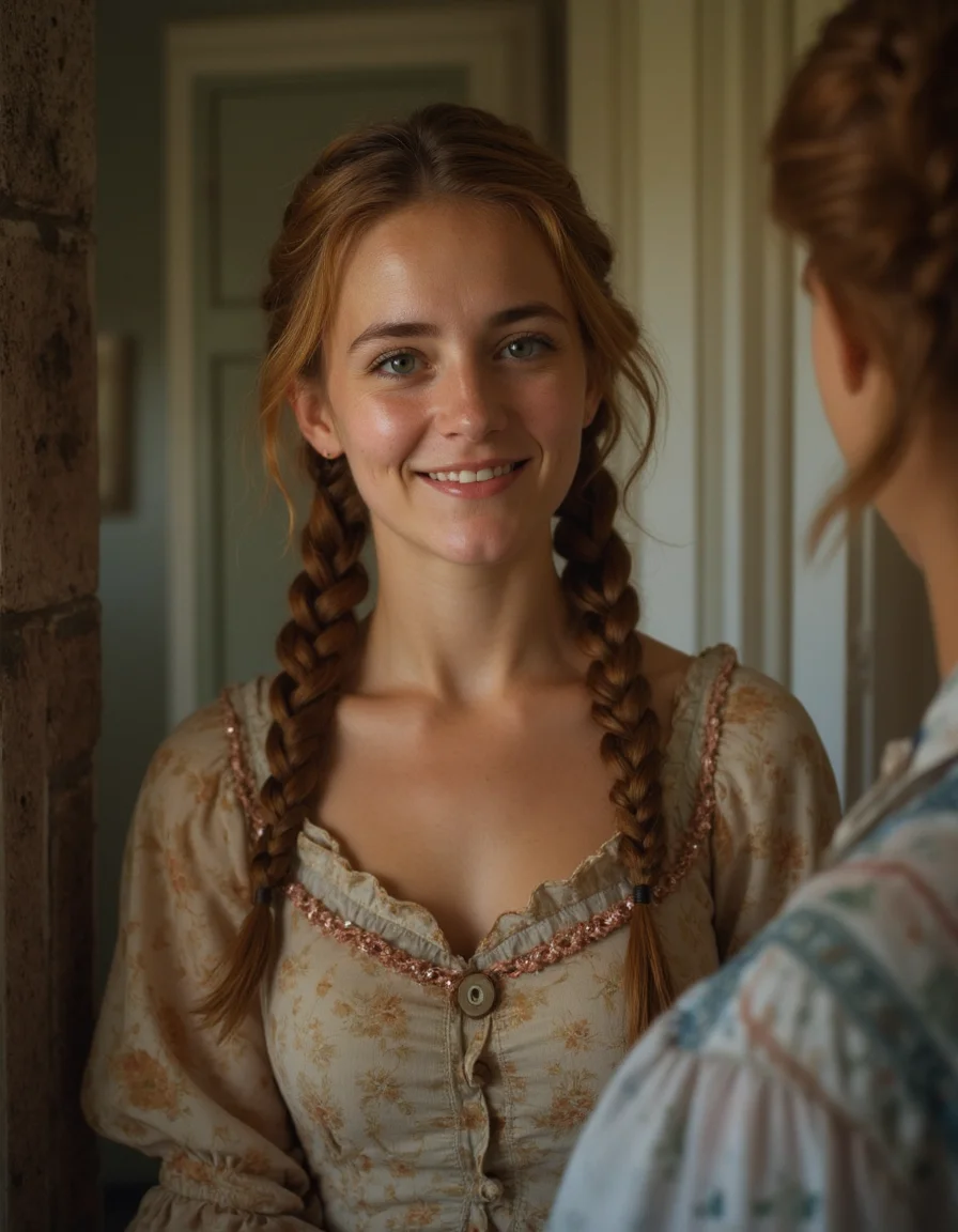 A charming Spanish lady with a mischievous smile,Fishtail braid,Strawberry blond,looking at another,The Villisca Axe Murder House USA,professional studio quality hyperdetailed masterpiece,Fuji superia 400,hard light,<lora:real-lora:1>