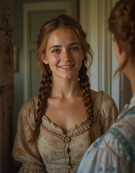 A charming Spanish lady with a mischievous smile,Fishtail braid,Strawberry blond,looking at another,The Villisca Axe Murder House USA,professional studio quality hyperdetailed masterpiece,Fuji superia 400,hard light,<lora:real-lora:1>