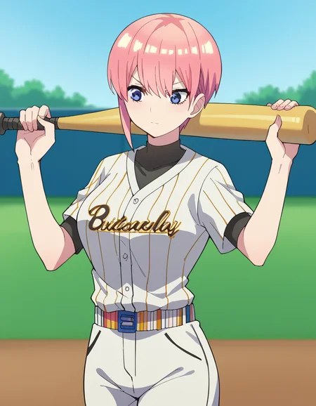 score_9, score_8_up, score_7_up, source_anime, <lora:ichika-nakano-s2-ponyxl-lora-nochekaiser:1>, ichika nakano, short hair, bangs, blue eyes, hair between eyes, pink hair, pixie cut, large breasts, <lora:baseball-uniform-ponyxl-lora-nochekaiser:1> baseball uniform, baseball, striped belt, shirt under shirt, sportswear, ribbed shirt, baseball helmet, baseball bat, baseball jersey, baseball field, holding baseball bat,, , cowboy shot,